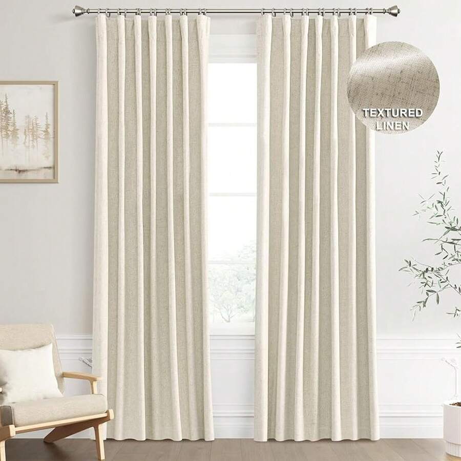 Beige Linen% Blackout Curtains 84 Inch Long, Rod Pocket/Back Tab/Hook Belt/Clip Rings, Thermal Insulated Drapes Bedroom Living Room With Hooks (1 Panel, 60 X 84), Stylish Window Treatments - Linen - 查看 1