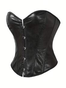 1 件女式系带紧身胸衣上衣，PU 无袖短款上衣，前开襟，腰部塑形，黑色肩部镂空设计，合身