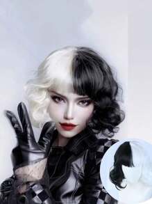1pc/Ladies' Fashion Black And White Yin-Yang Curly Wig, Medium Length, Very Suitable For All Kinds Of Costume Role-Playing.,Halloween