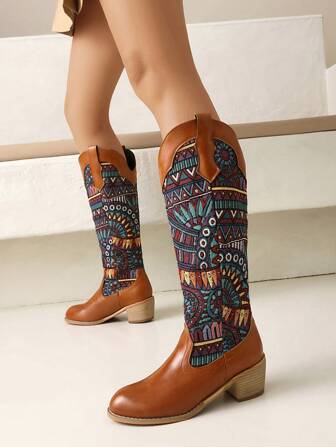 European And American Retro Knee-High Boots For Women, Patchwork Color Block Boots, Bohemian Faux Leather Party Boots