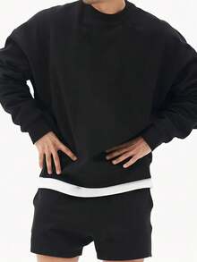 Sudadera de cuello redondo casual y holgada de unicolor para hombre GRDR | Atuendo de capas | Adecuado para uso diario ligero, otoño/invierno - Negro - Ver 3