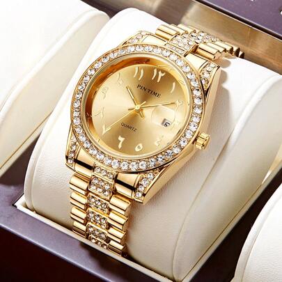 ساعة رجالية كوارتز قطعة واحدة، ساعة رجالية للحفلات والمناسبات، تقويم بقرص كبير مرصع بالراين ستون، عقارب مضيئة، هدية فاخرة للرجال