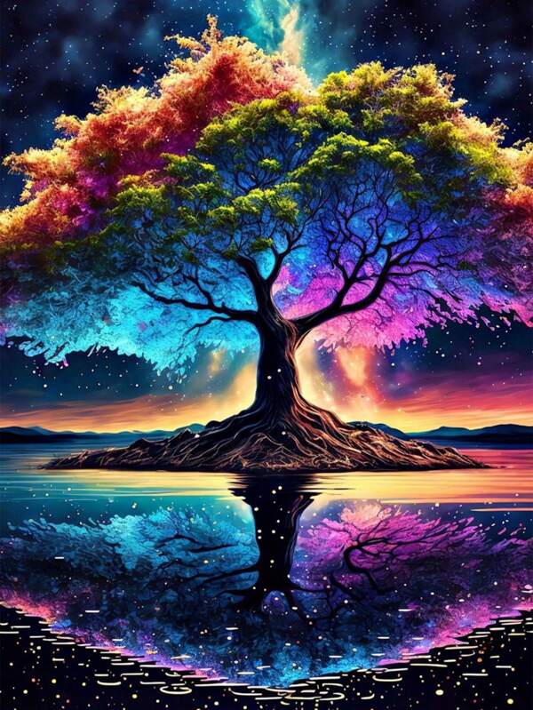 1PC Diy Full Drill Diamond Painting Kit With Number For Scenery Colored Reflection Tree Picture,Dimond Art Paintings,Diamond Art Kit,Diamond Paintings,Diamond Art Painting,Diamond Art Painting Kits,Diamond Art Kits For Adults,Paint By Number,Suitable For Home Wall Decoration Christmas Gift,Halloween Gift,Holiday Gifts,New Year Gift,