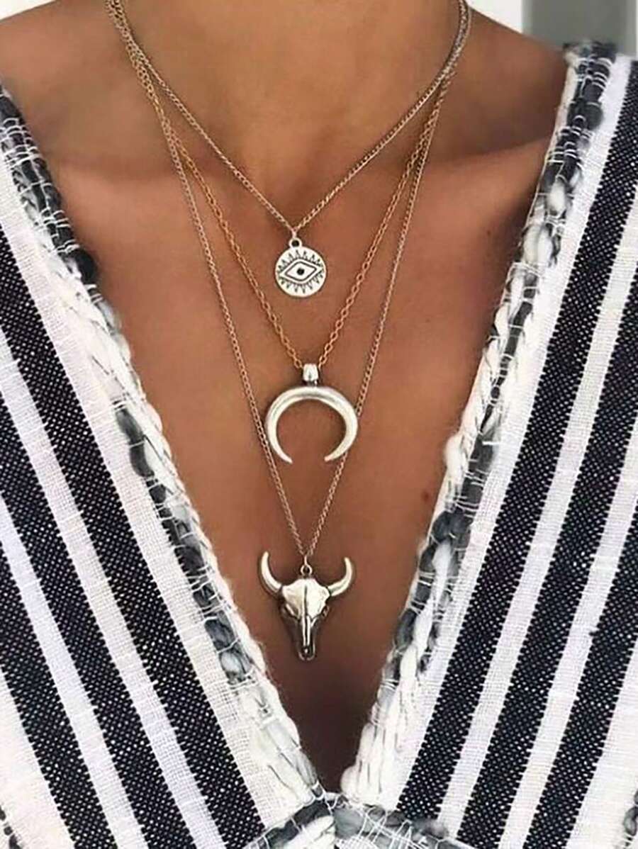 1 件复古西部风格三层合金恶魔之眼、牛仔、牛头、月亮吊坠项链，适合女士日常佩戴 - 復古銀色 - 查看 1