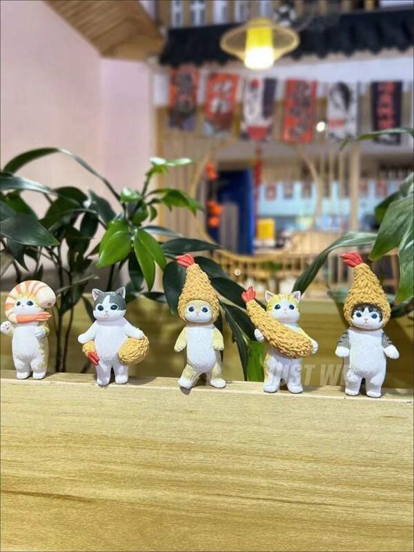 5pcs Japanese Cute Shrimp, Meat Cat, Shark Cat Series Blind Box Figurines, Adorable Cartoon Decor, Birthday Gift