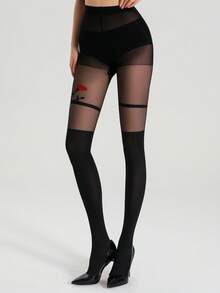 1pc Women's Red Rose Patterned Opaque Tights, Fashionable Jacquard Skinny Tights, Sexy Semi-Sheer Pantyhose, Cozy - Black - View 5