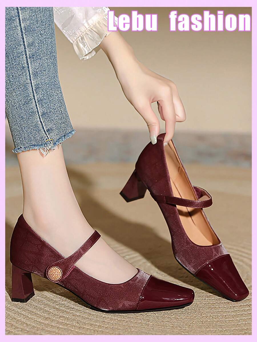Women's New Convenient Hook And Loop Strap High Heel Shoes, Chunky Heel Non-Fatiguing Square Toe Fashion Spring/Autumn Versatile Mid-Heel Shoes, French Mary Jane Pumps, Black Color Enhances Professionalism