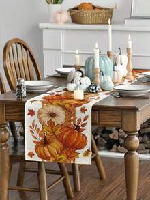 1pc, Orange Pumpkin Maple Leaf Stripes Fall Table Runner, Seasonal Autumn Kitchen Dining Table Decoration For Home Party Decor(13x35.4/47.2/63/72/78.7 Inches), Fall Decorations For Home - Multicolor - View 4