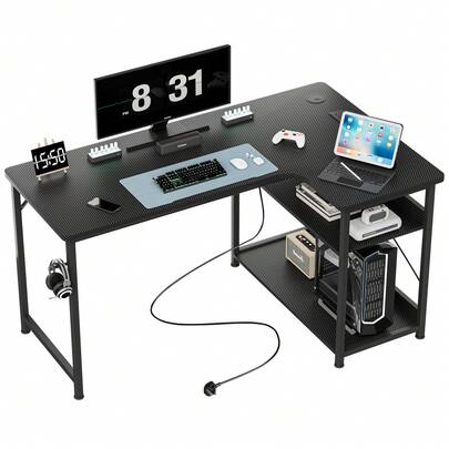 L Shaped Gaming Desk With Power Outlets Corner Computer Desk 110x80CM With Shelves Headphone Hook PC Table Workstation For Home Office Bedroom