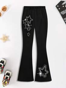 女童星形印花喇叭裤，休闲修身优雅长裤，饰有闪亮星形图案，喇叭裤腿设计，适合户外运动 - 黑色 - 查看 3