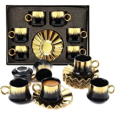 6-Piece Ottoman-Style Turkish Coffee Cup Set With Saucers, 3.5oz Ceramic Espresso Cups, Gold-Plated Rim, Black & Gold Design, Black Gift Box With Window, Ideal For Turkish Coffee, Espresso