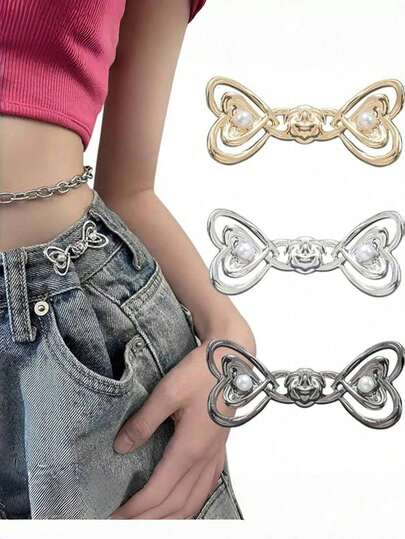 1 对/2 对高端珍珠心形胸针腰部调节器适用于牛仔裙，优质可调节腰带扣