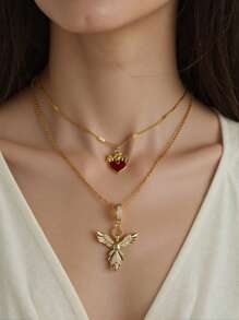 2pcs Fashionable Personalized Angelic Red Heart Multilayer Pendant Necklace, Gift For Women