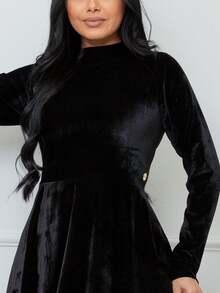 Evase Midi Dress Long Sleeve High Neck Velvet Crystal Winter Moda Evangelica - 黑色 - 查看 3