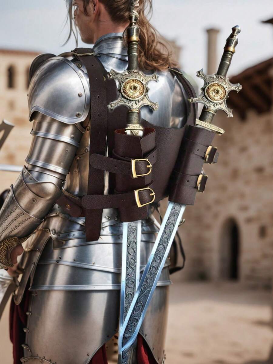 1 件中世纪欧洲文艺复兴 COSPLAY 服装，配有可调节皮革肩带、双剑腰带和腰套