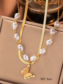 1pc Stainless Steel Luxury Double Layer Faux Pearl 3D Butterfly Pendant Necklace, Fashionable & Elegant For Women, Suitable For Daily Wear, Gatherings, Festivals And Parties