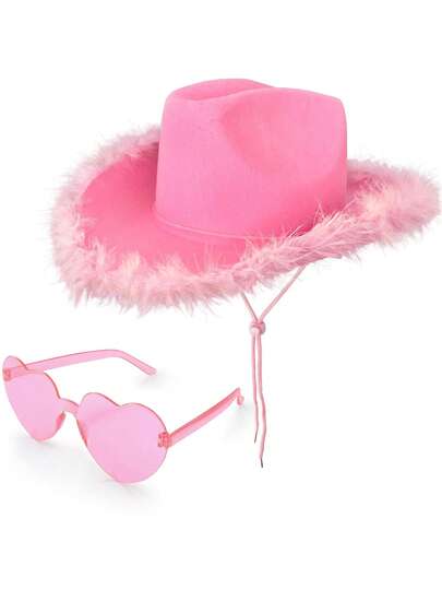 2 件粉色牛仔/牛仔帽，带羽毛，配心形太阳镜、羽毛围巾和毛毡，适合派对服装、装扮、牛仔主题活动、单身派对、男女通用圣诞节生日派对婚礼感恩节派对装饰生日礼物