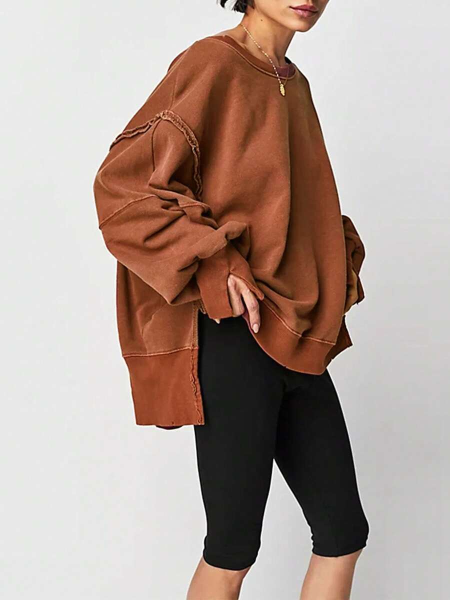 Womens Solid Color Sweatshirts Long Sleeve Crew Neck Drop Shoulder Pullover Tops Fall Sweaters - màu nâu - Xem 1