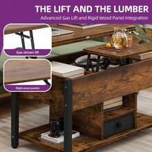 BALCONERA Rustic Brown Multi-Functional Lift-Top Coffee Table – Converts To Dining Table With Drawers & Hidden Storage, 90x47.8x47.5-61.7cm For Living Room - Coffee Brown - View 4