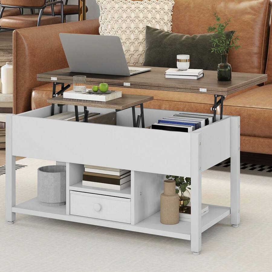 BALCONERA White & Gray 4-In-1 Multi-Functional Lift-Top Coffee Table – Liftable Table With Drawers & Storage Space, Converts To Dining Table For Living Room/Dining Room - White - View 1