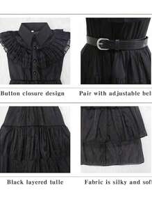 Girls' Party Cap Sleeve Black Long Dress With Belt And Wig, Cosplay Costume For Halloween Party - Black - View 6