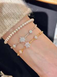 rundraw 1pc Women's Gold-Tone Copper Delicate Bracelet With CZ Inlay, Suitable For Party, Ball, Wedding - Flowers - View 5