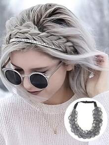 Classic 3 Strand Braided Headband Synthetic Wig - Body Wave Texture, Adjustable Elastic Band, Natural Look For Women, Elegant Hairstyle For Weddings & Parties (Black/Blonde/Beige/Gray), Hair Wig, Party Accessory, Secure Comfortable Fit