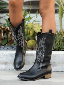 新款女式刺绣皮革黑色西部靴，尖头粗跟及膝靴，户外休闲时尚正装靴 - 黑色 - 查看 4