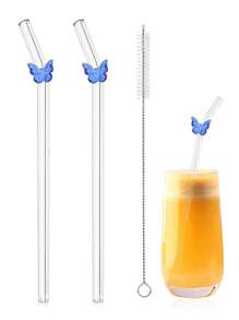 Set de 6 pajitas de vidrio reutilizables con adorno de lazo - Pajitas de beber curvadas resistentes a los golpes + cepillo de limpieza - Pajitas elegantes para cócteles, batidos y bebidas frías (20cm)