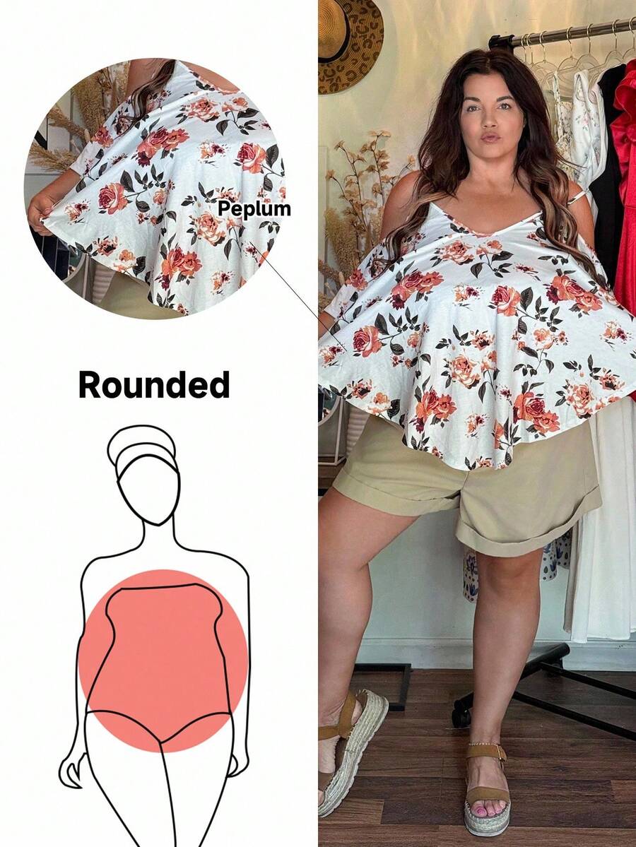 Enliva Jolene.Mendez Plus 印花露肩弧形下摆T恤，适合苹果型和圆润身材，夏季款 - 彩色 - 查看 1