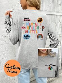Plus Size Custom Print Long Sleeve Pajama Top, Back To School Season, Fall & Winter, Cozy - Light Grey - View 2