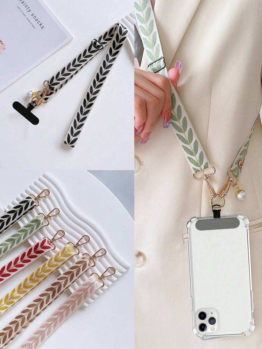 Leaf Mobile Phone Strap Hanging Adjustable Nylon Neck Lanyard With Faux Pearl Pendant And Wide Fabric Shoulder Strap Cover - Multicolor - View 1