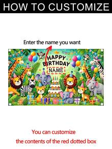 1件可定制彩色丛林主题个性化生日背景布 - 耐用乙烯基横幅，印有狮子、大象、长颈鹿、斑马和其他动物图案 - 非常适合室内/室外派对装饰和拍照道具，可悬挂作为丛林主题装饰，无需用电，提供3种尺寸，多功能，装饰性强，字母可定制，时尚现代，色彩鲜艳，可爱休闲，可定制，个性化，独特，是送给男士或女士的理想礼物 - 彩色 - 查看 14