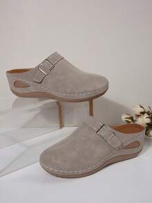 Mules Slip-On com Plataforma Elegantes e Fashion para Mulheres, Slides com Sola Macia e Confortável para Primavera/Outono, Adequados para Casa, Caminhada, Deslocamento, Saltos Anabela - Caqui - Visão 5