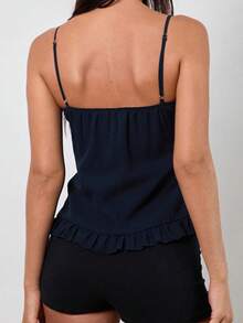 Women's Chiffon Ruffled Camisole Solid Color Spaghetti Strap V-Neck Slim Fit Crop Tank Tops Streetwear - Azul marino - Ver 6