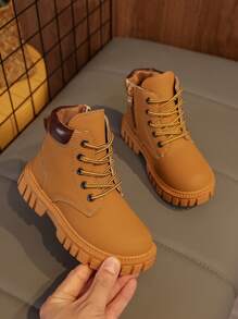 1 Pair Yellow Toddler/Kids' Soft Matte Military Boots, Round Toe, Warm Thick Sole, Durable, Lace-Up & Zipper Design, Classic Short Boots, Suitable For Boys/Girls, Casual, School, Vacation, Autumn/Winter