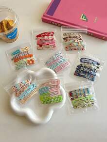 4个甜美简约印花BB夹，时尚可爱格子卡通发夹，适用于刘海和侧发，适合女性和学生，波点学院风，爪夹，发爪，发夹，发卡，发饰 - 亮色 - 查看 3