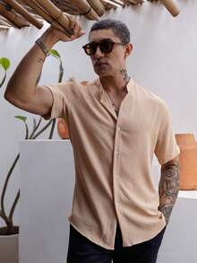 Men's Short Sleeve Shirt With Priest Collar Elegant Casual Party Work - Sampanye - View 4