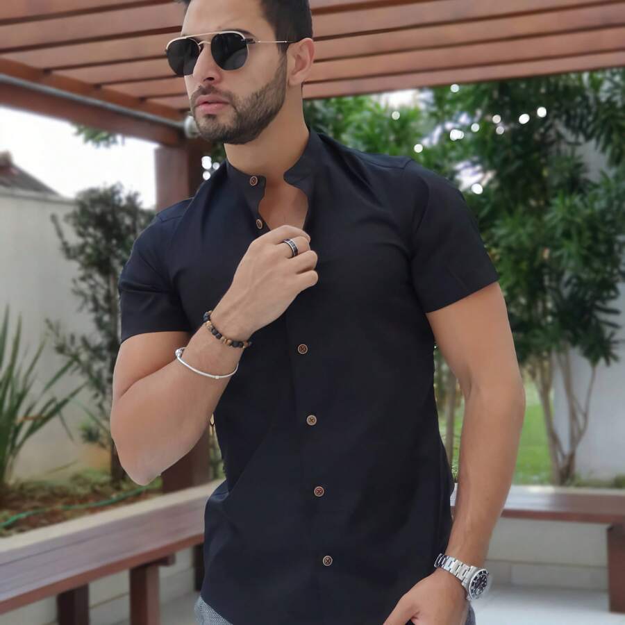 Men's Linen Priest Collar Shirt - Black - View 1