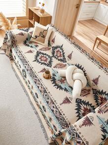 1pc Bohemian Sofa Throw Blanket - All-Season Comfort, Pet-Friendly, Dust-Proof Couch Cover With Tassels - Ideal For Living Room, Kitchen, - Machine Washable, Throw Blanket For Couch