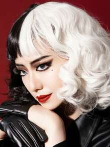 1pc/Ladies' Fashion Black And White Yin-Yang Curly Wig, Medium Length, Very Suitable For All Kinds Of Costume Role-Playing.,Halloween