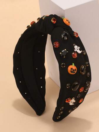 1pc Women's Halloween Rhinestone Pumpkin & Ghost Decor Hair Accessory, Gift For Holiday Pumpkin, Hair Band, Diadema, Hair Hoop