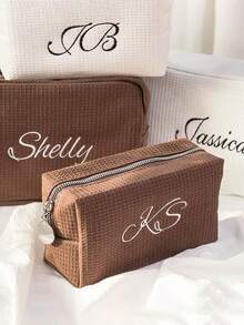 Personalized Waffle Travel Makeup Bag - Graduation Season Return Gift Customized Letter Makeup Bag, Embroidered Toilet Bag, Bridesmaid Gift, Wedding Gift, Ladies Gift, Makeup Bag, All-Purpose, Large Capacity, Versatile, Adorable, Contracted, Funny, Kawaii, Y2K, Minimalist, Commuting, Business Casual, Basics, Custom, Personalized, For Birthdays, For Holiday/ Vacation, For Outdoors/Outings/Travel/Hiking/Stadium/Sports/Climbing, For Business/Commute/Work/Office, Customized Women Bags, Delicate Romance, Travel Gift, Travel Gift For Family, New Year Glamour - Multicolor - View 3