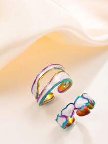 2pcs Stainless Steel Fashionable And Simple Style Women's White Oil Drop Positive And Negative Love Open Ring Set, Suitable For Women's Daily Wear Or Gift Giving Valentines,Mom,Mother,Mother's Day,Gift