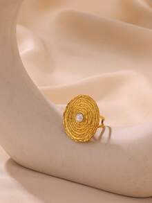 时尚夸张花朵女士戒指，优雅仿珍珠戒指，不锈钢配饰，海螺壳戒指海洋珠宝，复古天然石女士珠宝金色宽口可调节开口戒指派对婚礼旅行厚重珠宝圣诞礼物