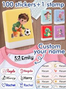 1 pieza Sello + 100 piezas Pegatinas Sello de firma personalizado, sello de nombre, sello de nombre impermeable para niños, sello personalizado, sello con diseño de dibujos animados, 3 colores de tinta, sello personalizable para niños, regalo de papelería personalizado, regalo de cumpleaños, regalo del Día del Maestro, lindo, útiles escolares, estudiantes, hombres, mujeres, niños, niñas, hijo - Estilo A - Ver 1