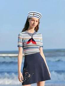 两件套男女海军服装水手服船长帽水手围巾，适合圣诞节新年礼物、角色扮演、海军主题派对、海军服装配饰 - 彩色 - 查看 4