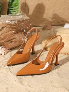 Tacones altos de punta fina con corte en V, estilo elegante para mujer en otoño/invierno, adecuados para combinar con vestidos, elegantes, para fiestas - Marrón claro - Ver 4