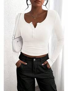 Women's 2025 Fall Long Sleeve Henley Shirts Button Ribbed Knit Casual Basic Tops Blouse - 白色 - 查看 5