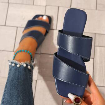 女士方头纯色时尚简约柔软舒适室内/室外平底拖鞋